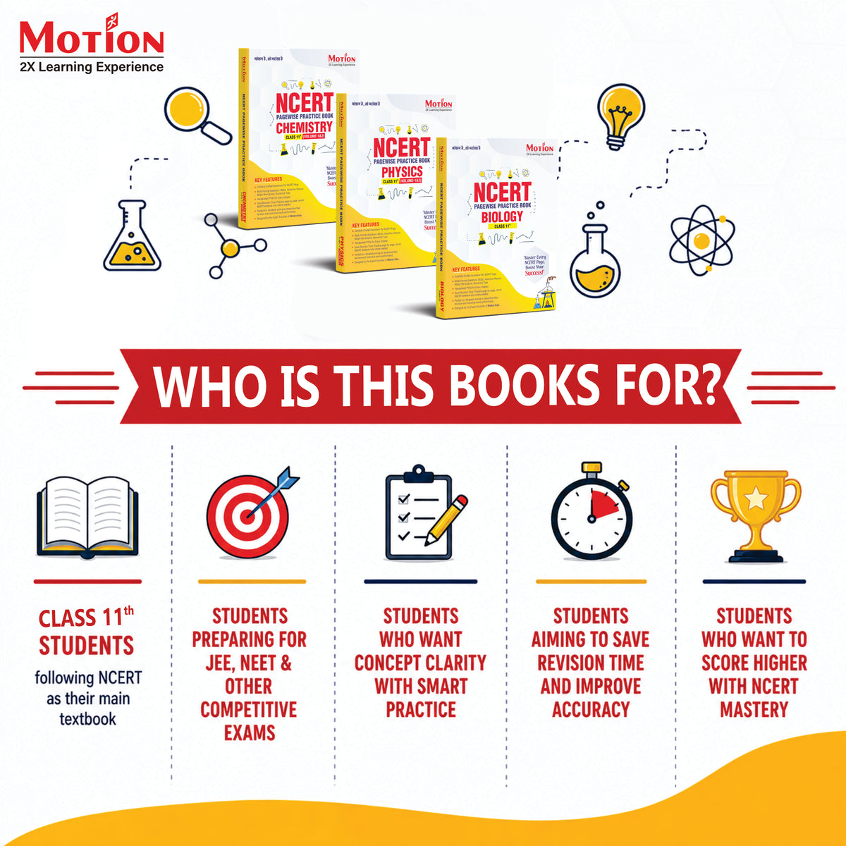 Motion NCERT Pagewise Practice Book Physics , Chemistry & Biology Class 11 for 2026-27 Exams | NCERT-Based Pagewise Questions, MCQs, Assertion-Reason, Match the Column, Chapterwise PYQs & Infographics | For NEET, JEE & CBSE Board Preparation
