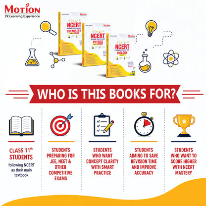 Motion NCERT Pagewise Practice Book Physics , Chemistry & Biology Class 11 for 2026-27 Exams | NCERT-Based Pagewise Questions, MCQs, Assertion-Reason, Match the Column, Chapterwise PYQs & Infographics | For NEET, JEE & CBSE Board Preparation