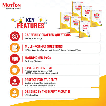 Motion NCERT Pagewise Practice Book Physics , Chemistry & Biology Class 11&12 for 2026-27 Exams | NCERT-Based Pagewise Questions, MCQs, Assertion-Reason, Match the Column, Chapterwise PYQs & Infographics | For NEET, JEE & CBSE Board Preparation