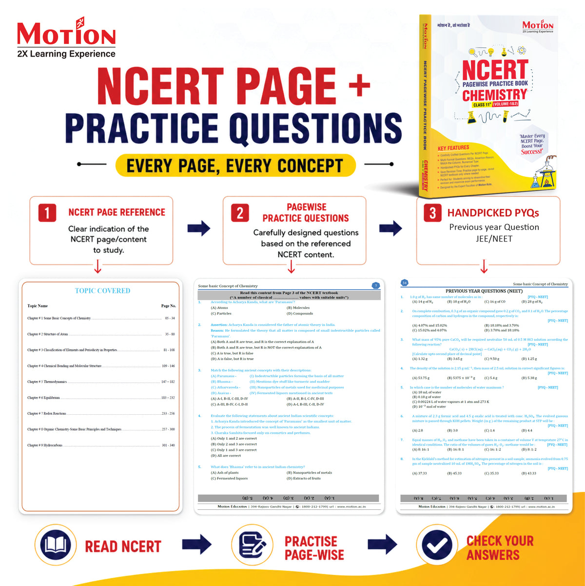 Motion NCERT Pagewise Practice Book Chemistry Class 11 (Volume 1 & 2) for 2026-27 Exams | NCERT-Based Pagewise Questions, MCQs, Assertion-Reason, Match the Column, Chapterwise PYQs & Infographics | For NEET, JEE & CBSE Board Preparation