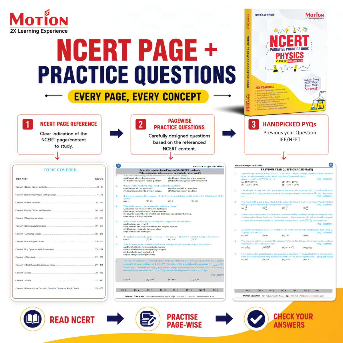 Motion NCERT Pagewise Practice Book Physics Class 12 (Volume 1 & 2) for 2026-27 Exams | NCERT-Based Pagewise Questions, MCQs, Assertion-Reason, Match the Column, Chapterwise PYQs & Infographics | For NEET, JEE & CBSE Board Preparation