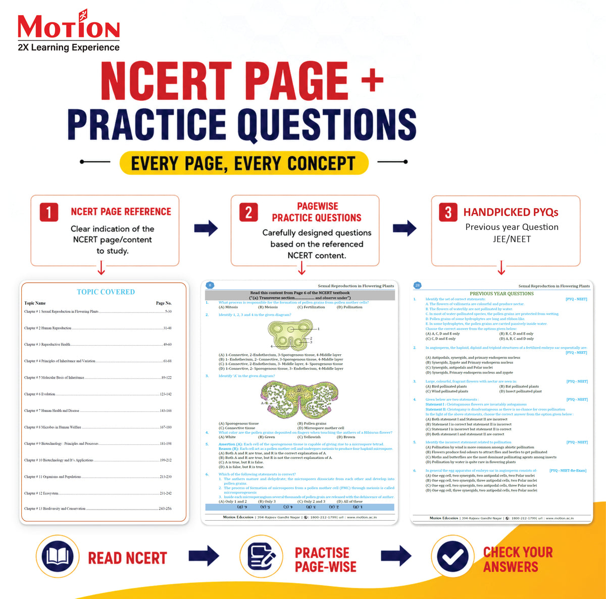 Motion NCERT Pagewise Practice Book Physics , Chemistry & Biology Class 11&12 for 2026-27 Exams | NCERT-Based Pagewise Questions, MCQs, Assertion-Reason, Match the Column, Chapterwise PYQs & Infographics | For NEET, JEE & CBSE Board Preparation