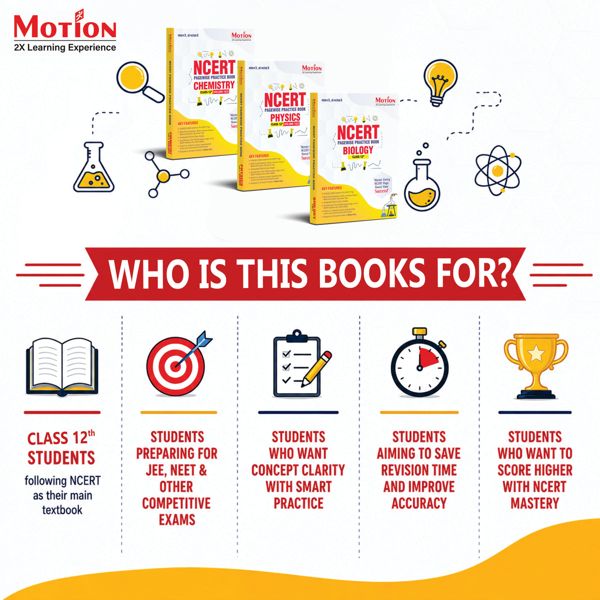 Motion NCERT Pagewise Practice Book Physics , Chemistry & Biology Class 12 for 2026-27 Exams | NCERT-Based Pagewise Questions, MCQs, Assertion-Reason, Match the Column, Chapterwise PYQs & Infographics | For NEET, JEE & CBSE Board Preparation